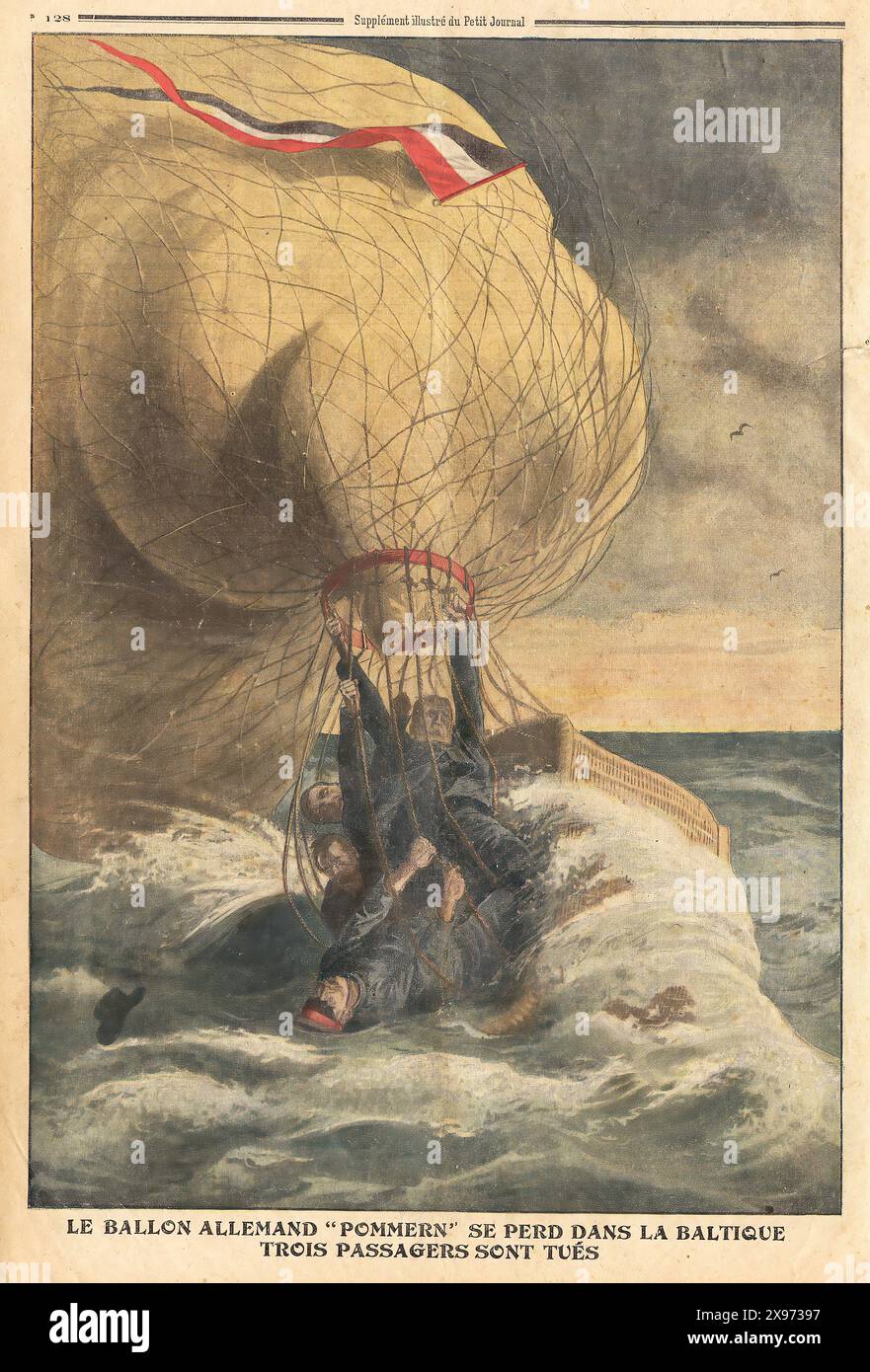 'LE BALLON ALLEMAND 'POMMERN' se PERD DANS LA BALTIQUE TROIS PASSAGERS SONT MAR' - extrait de 'le petit Journal' - magazine illustré français - L'image illustre un tragique accident de montgolfière au-dessus de la mer Baltique où le ballon allemand 'Pommern' est représenté en détresse avec des passagers accrochés à la nacelle au milieu d'une mer agitée. Le style graphique transmet un sentiment d'urgence et de désastre. Banque D'Images