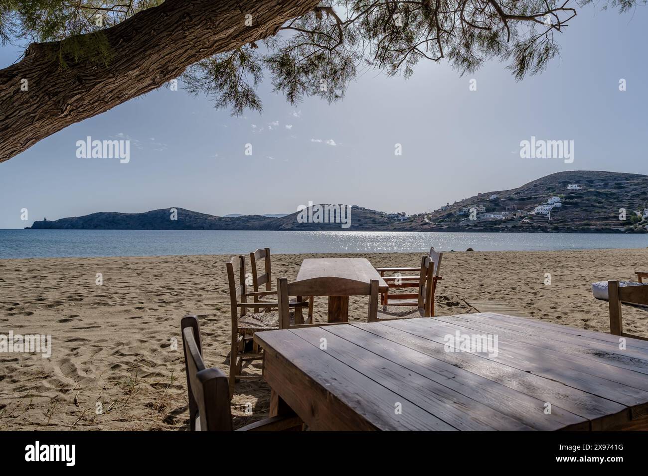 Vue des tables et des chaises à côté d'un arbre à la plage de Gialos à iOS Grèce Banque D'Images
