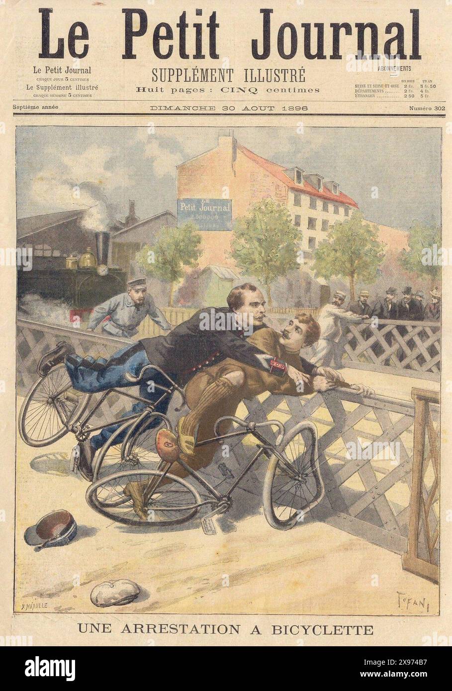 Traduction : ' DIMANCHE 30 AOÛT 1896 Little Journal A BICYCLETTE ARRET ' DIMANCHE 30 AOUT 1896 petit Journal une ARRESTATION A BICYCLETTE - dans 'le petit Journal' journal illustré français Banque D'Images