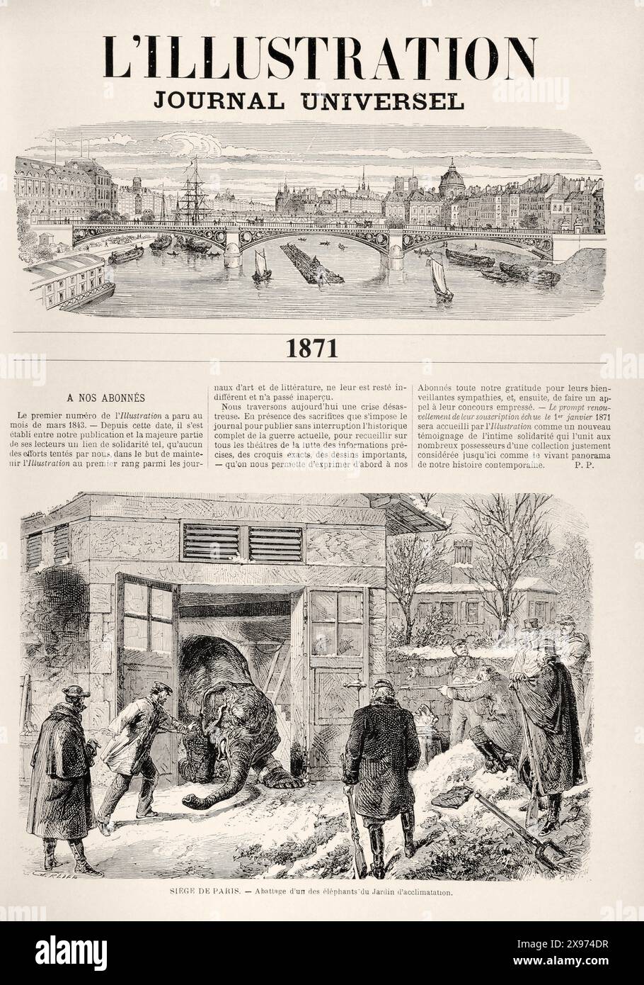 'L'ILLUSTRATION JOURNAL UNIVERSEL 1871' ['THE ILLUSTRATION UNIVERSAL JOURNAL 1871'] - extrait de 'L'illustration Journal universel' - magazine illustré français. Cette image montre une vue panoramique d'une rivière avec des ponts et une architecture urbaine, signifiant une autre année de publication. Le style est une gravure finement détaillée mettant en valeur la disposition et l'activité de la ville. Banque D'Images