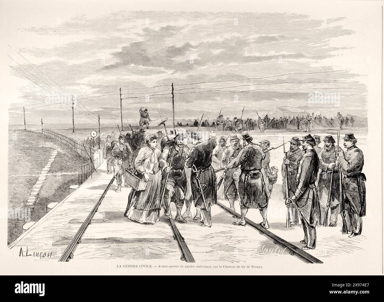 'LA GUERRE CIVILE - avant-postes des gardes nationaux sur le chemin de fer de Sceaux' - 'la guerre civile - postes avancés de la garde nationale sur le chemin de fer de Sceaux' - extrait de 'L'illustration Journal universel' - magazine illustré français - représente un groupe de gardes nationales et de civils sur le chemin de fer de Sceaux voies ferrées, avec des discussions en cours. Le style est une gravure détaillée en noir et blanc, typique des magazines illustrés du XIXe siècle. Banque D'Images