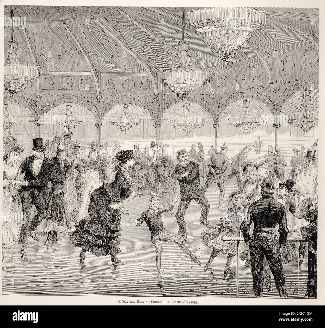 'Le Skating-Rink au Cirque des champs-Elysées.' - Extrait de 'L'illustration Journal universel' - magazine illustré français | Une illustration de la fin du XIXe siècle représentant une patinoire intérieure animée avec des hommes et des femmes élégamment habillés. L'espace est grandiose, avec de hauts plafonds voûtés et de grands lustres. Les patineurs dans diverses poses remplissent la patinoire, certains au premier plan apparaissant dans une tenue détaillée, reflétant un moment de loisirs et d'activité sociale. Le style du dessin est détaillé avec des lignes fines, des ombres et un sens du mouvement dynamique, typique des illustrations de magazines de l'époque Banque D'Images