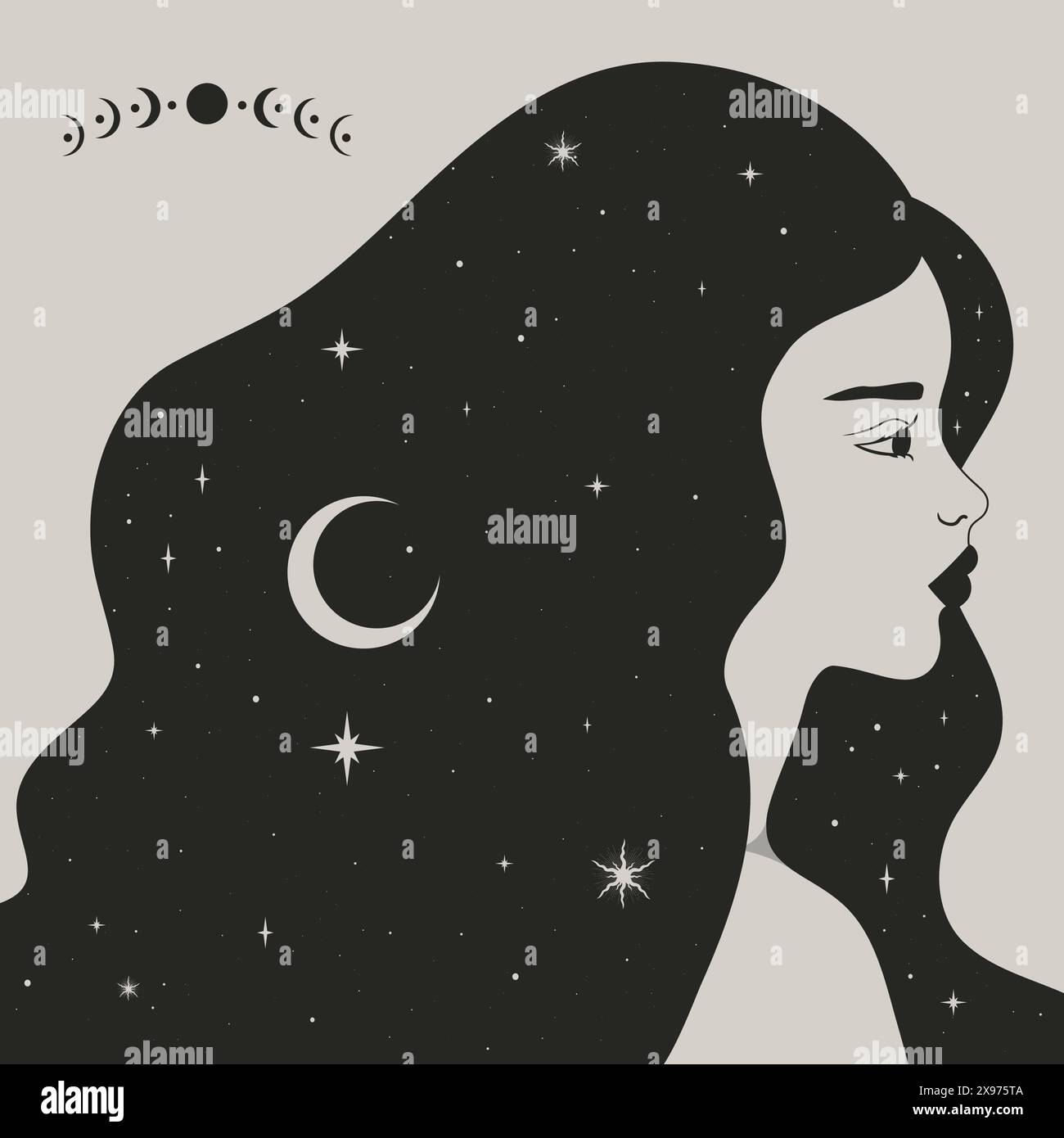 Profil de femme magique céleste dans le style boho. Décoré de croissant et d'étoiles. Illustration vectorielle Illustration de Vecteur