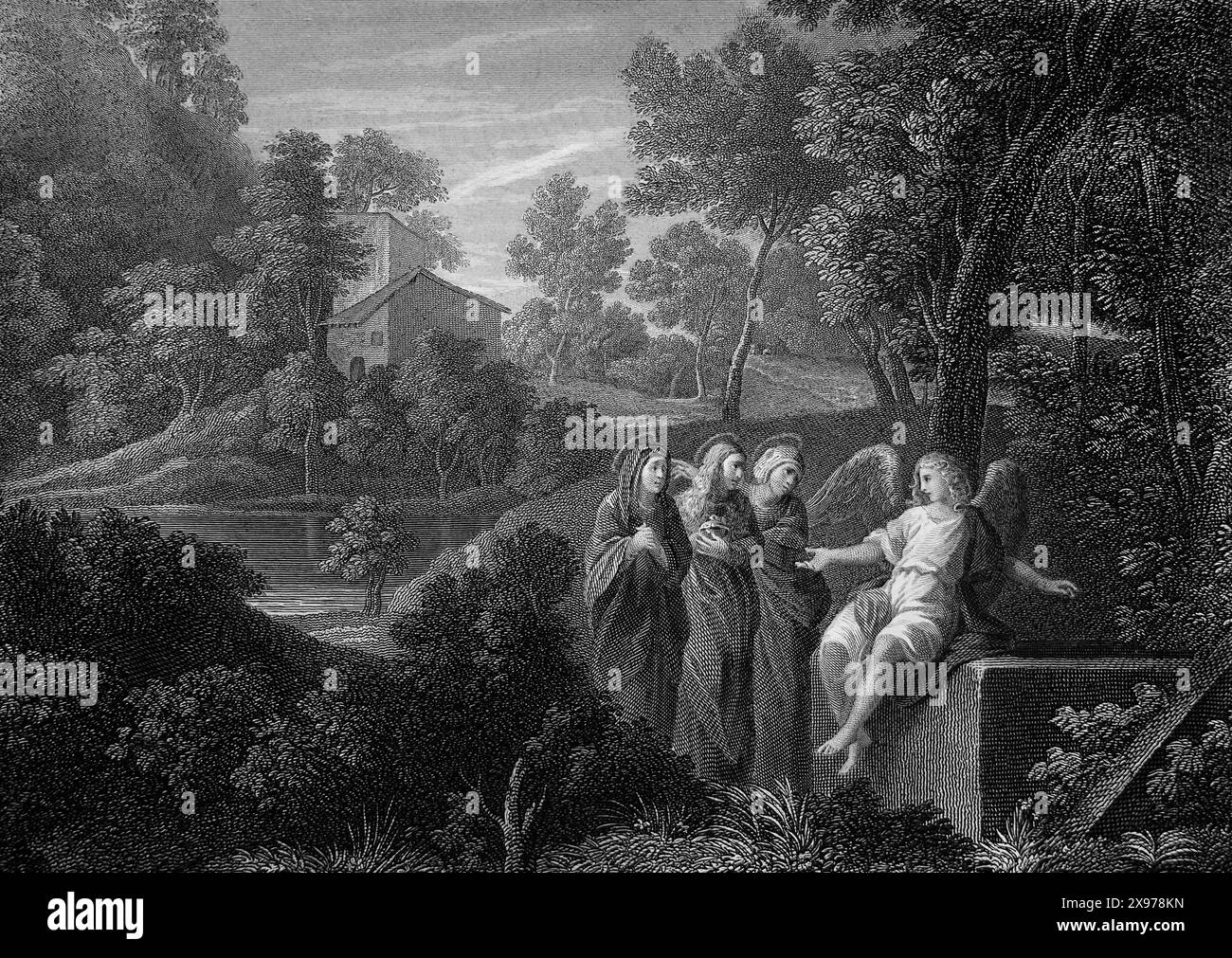 Gravure sur bois du Tombeau vide et de l'Ange disant aux trois Marys que Jésus Christ a ressuscité (Évangile de Matthieu) Nouveau Testament à partir du 19ème EC Banque D'Images