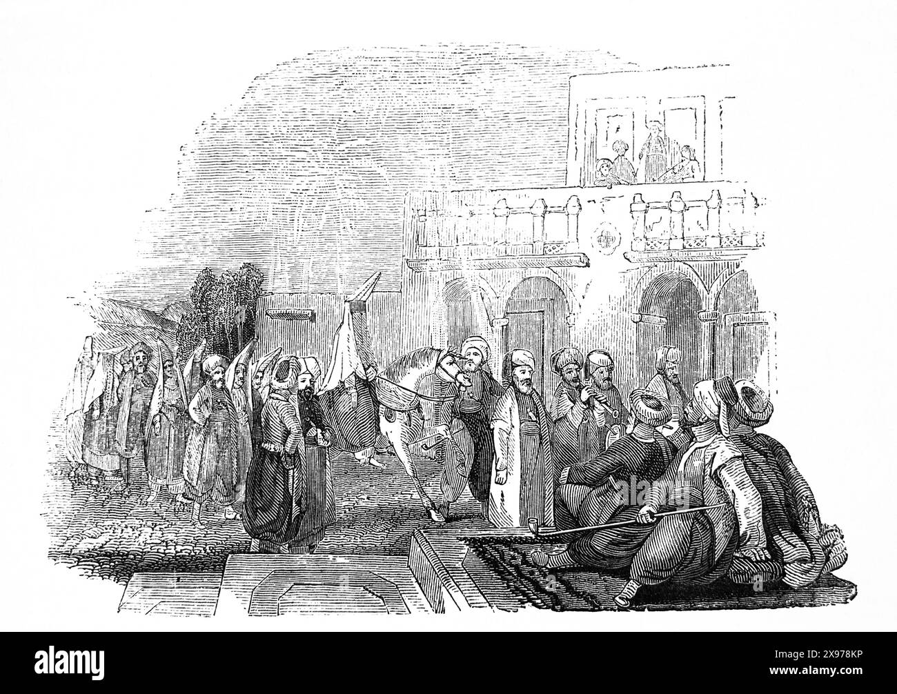 Gravure sur bois d'une procession de mariage d'une mariée au Liban dans la Bible de famille illustrée antique du XIXe siècle Banque D'Images