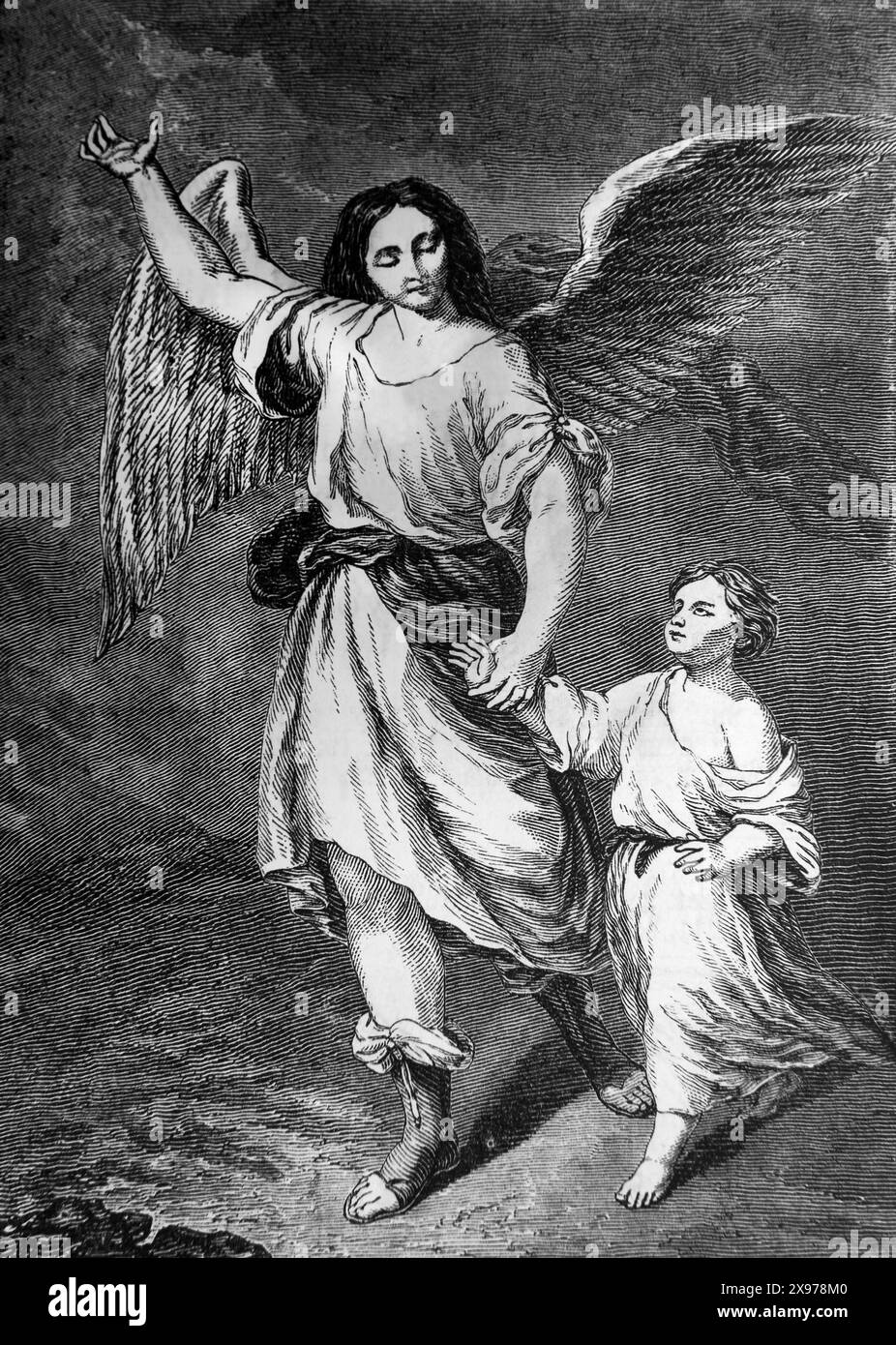 Gravure sur bois d'un ange gardien tenant la main d'un enfant (Évangile de Matthieu) Nouveau Testament de la Bible familiale illustrée du XIXe siècle Banque D'Images