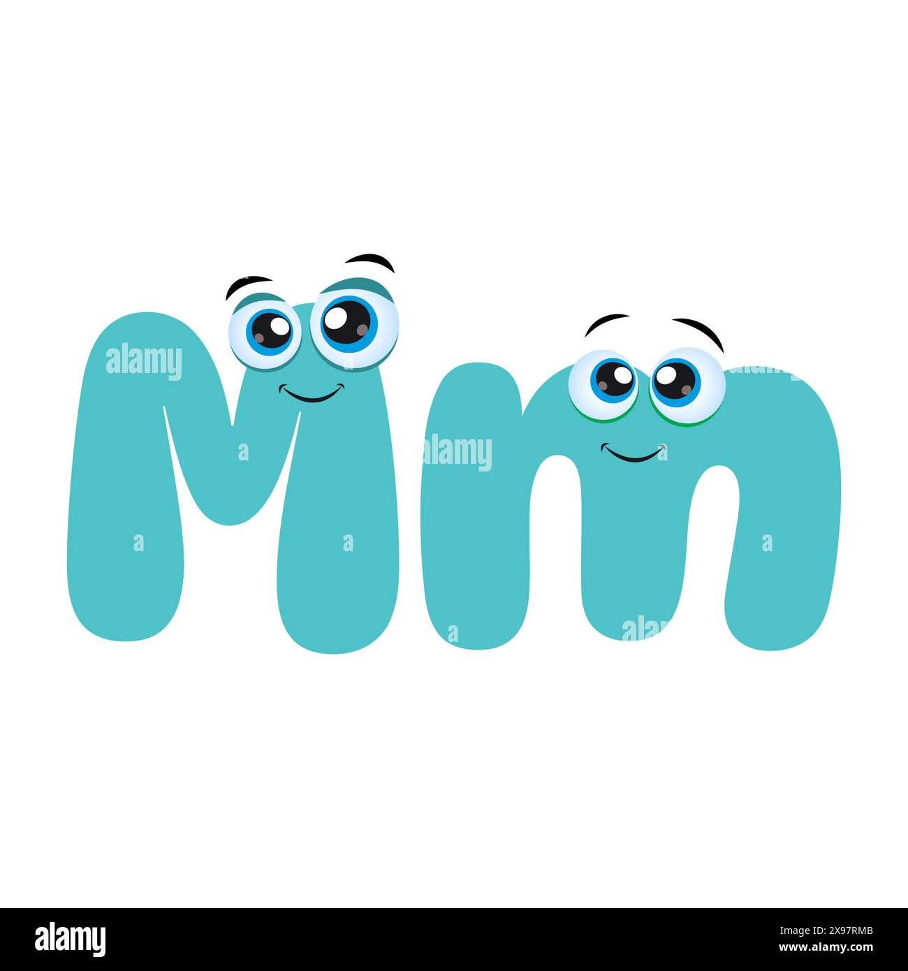 Un alphabet coloré pour les enfants. Drôle de lettre M avec des yeux. Mignon lettre bleue M personnage de dessin animé avec des yeux mignons. Symbole de l'alphabet des enfants isolé sur Illustration de Vecteur