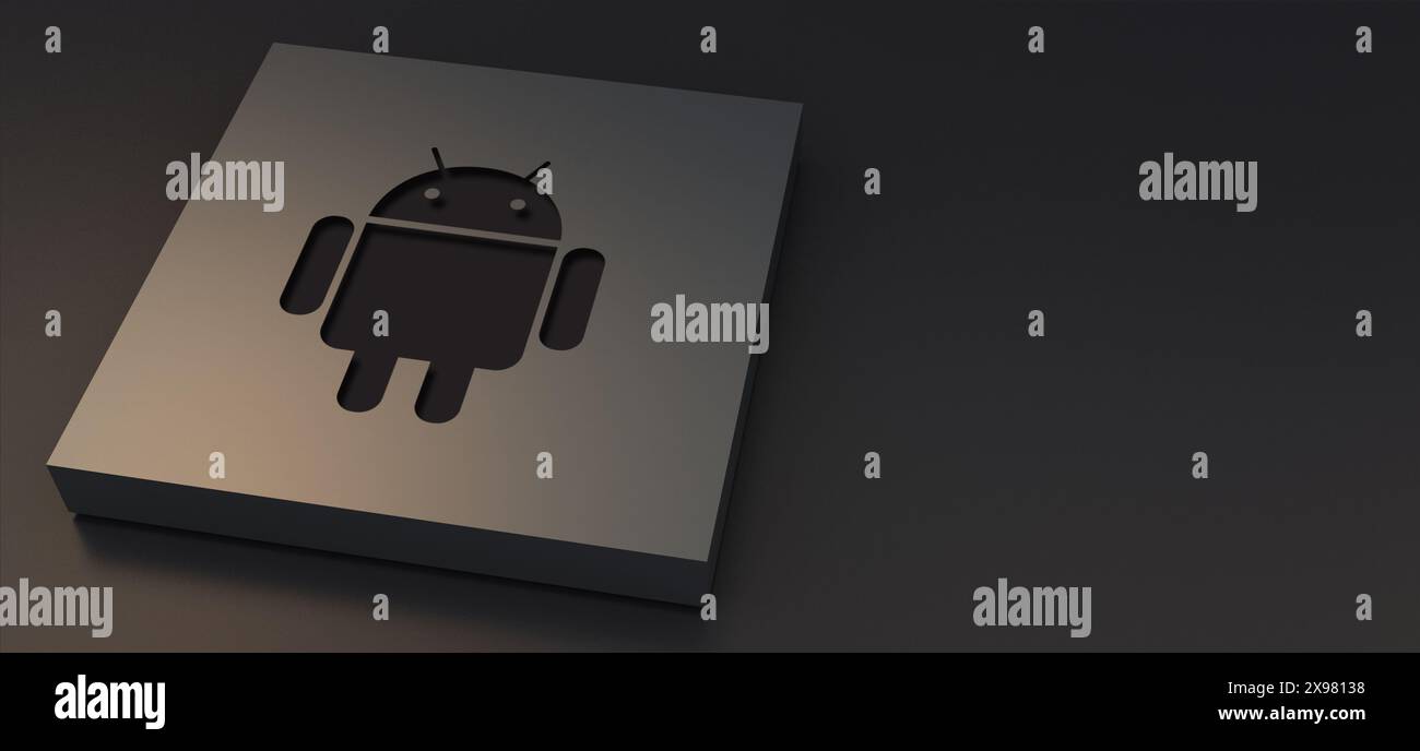 Auckland, Nouvelle-Zélande - 29 avril 2021 : logotypes Android gravés sur plaque métallique. Illustration 3d fond luxueux de l'icône de médias sociaux. Banque D'Images