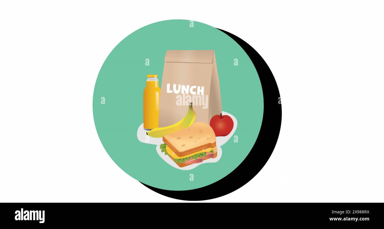 Image de l'icône de sac à lunch et d'articles alimentaires sur la bannière ronde avec espace de copie sur fond blanc Banque D'Images