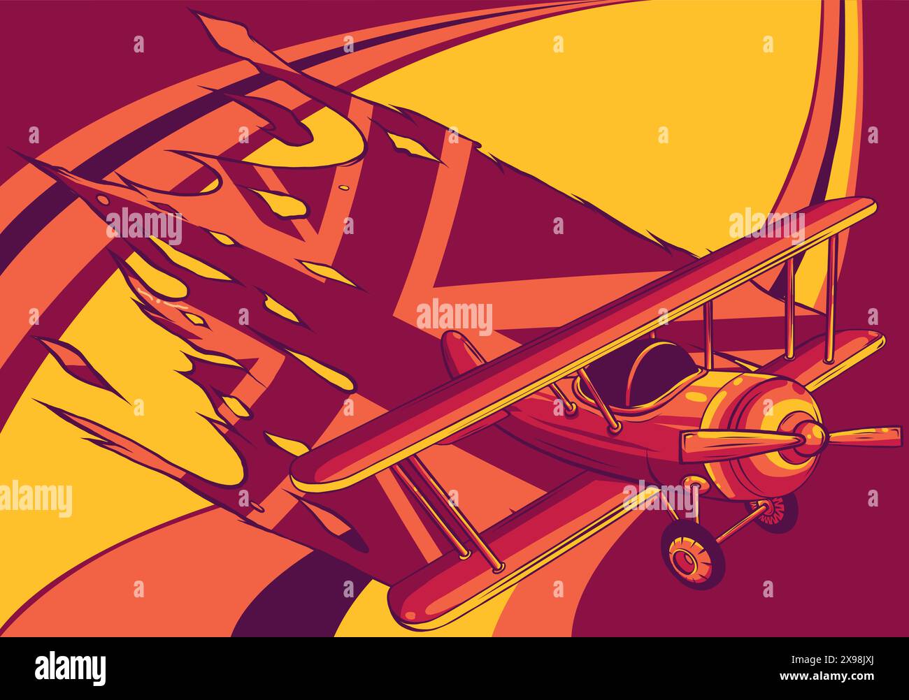 Ancien avion rétro vintage avec drapeau de chien long Illustration de Vecteur