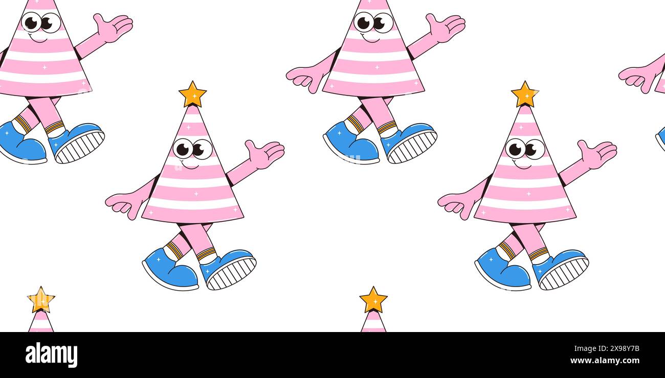 Motif sans couture joyeux anniversaire dans un style groovy rétro. Personnages vintage. Illustration de Vecteur