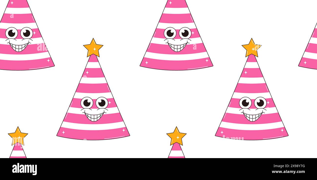 Motif sans couture joyeux anniversaire dans un style groovy rétro. Personnages vintage. Illustration de Vecteur