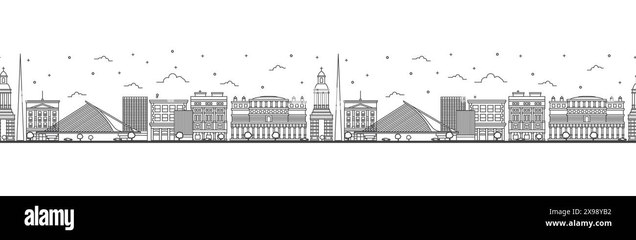 Modèle sans couture avec contour Dublin Ireland City Skyline. Bâtiments historiques isolés sur White. Illustration vectorielle. Paysage urbain de Dublin avec des monuments. Illustration de Vecteur