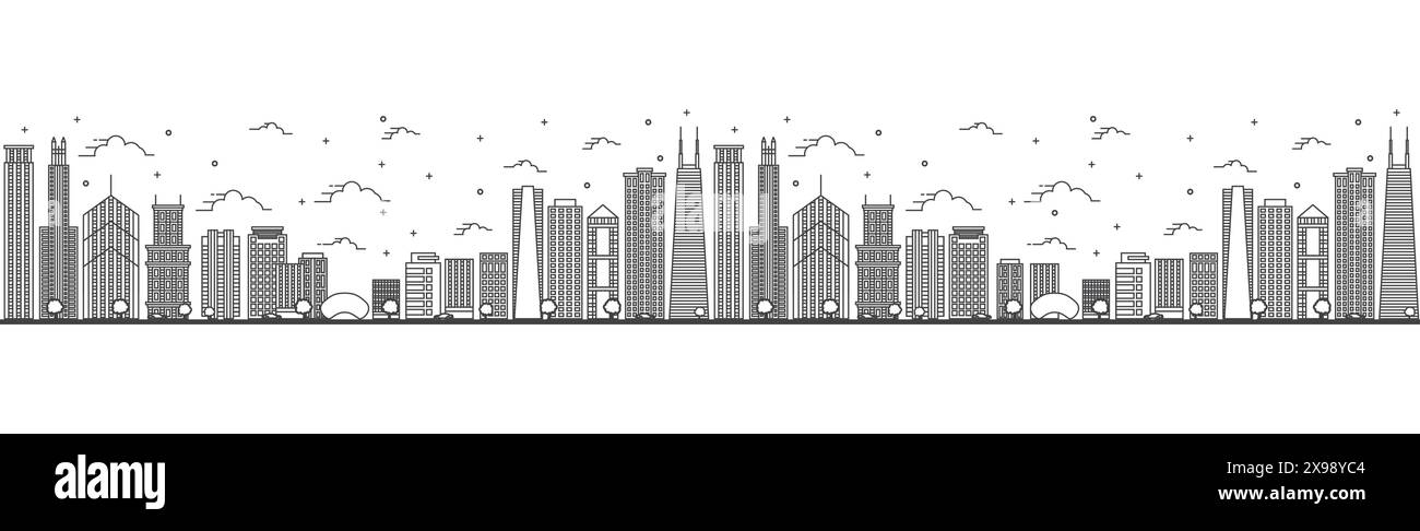 Modèle sans couture avec contour Chicago Illinois City Skyline. Bâtiments modernes isolés sur Blanc. Illustration vectorielle. Paysage urbain de Chicago avec des monuments Illustration de Vecteur