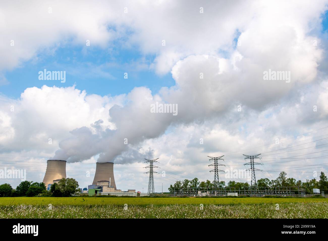 Vue éloignée d'une centrale nucléaire en fonctionnement émettant des nuages de vapeur. Concepts de protection de l'environnement et de production d'énergie nucléaire Banque D'Images