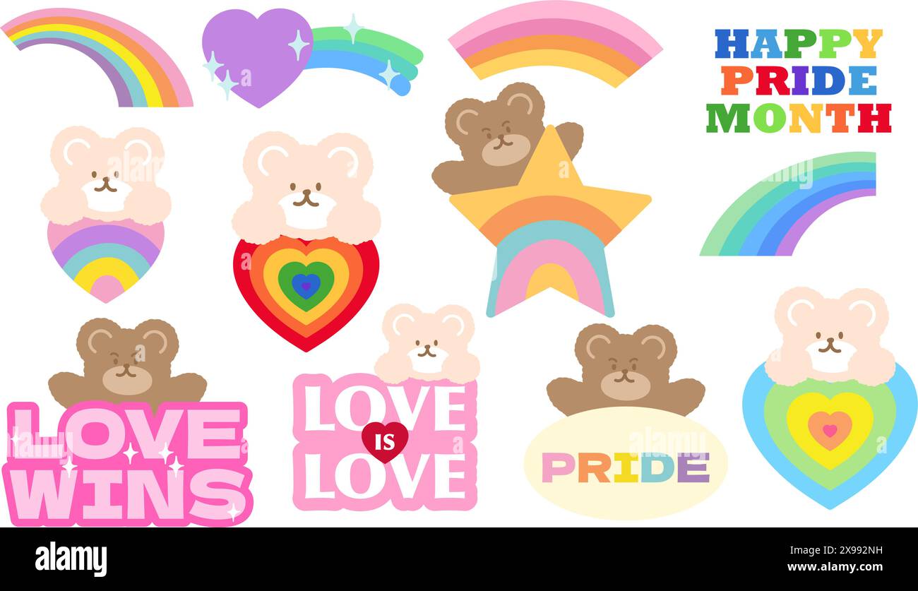 Happy Pride Month avec ours en peluche et arc-en-ciel pour logo, icône, autocollant, tatouage, animal de compagnie, vet, animalerie, décoration, impression de chemise, signe d'amour, symbole, jouet, annonce Illustration de Vecteur