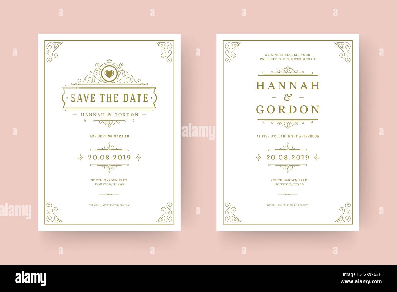 Invitation de mariage et enregistrer les cartes de date fleurit ornements vignette tourbillons. Cadres et décorations victoriens vintage. Modèle élégant de vecteur. Illustration de Vecteur