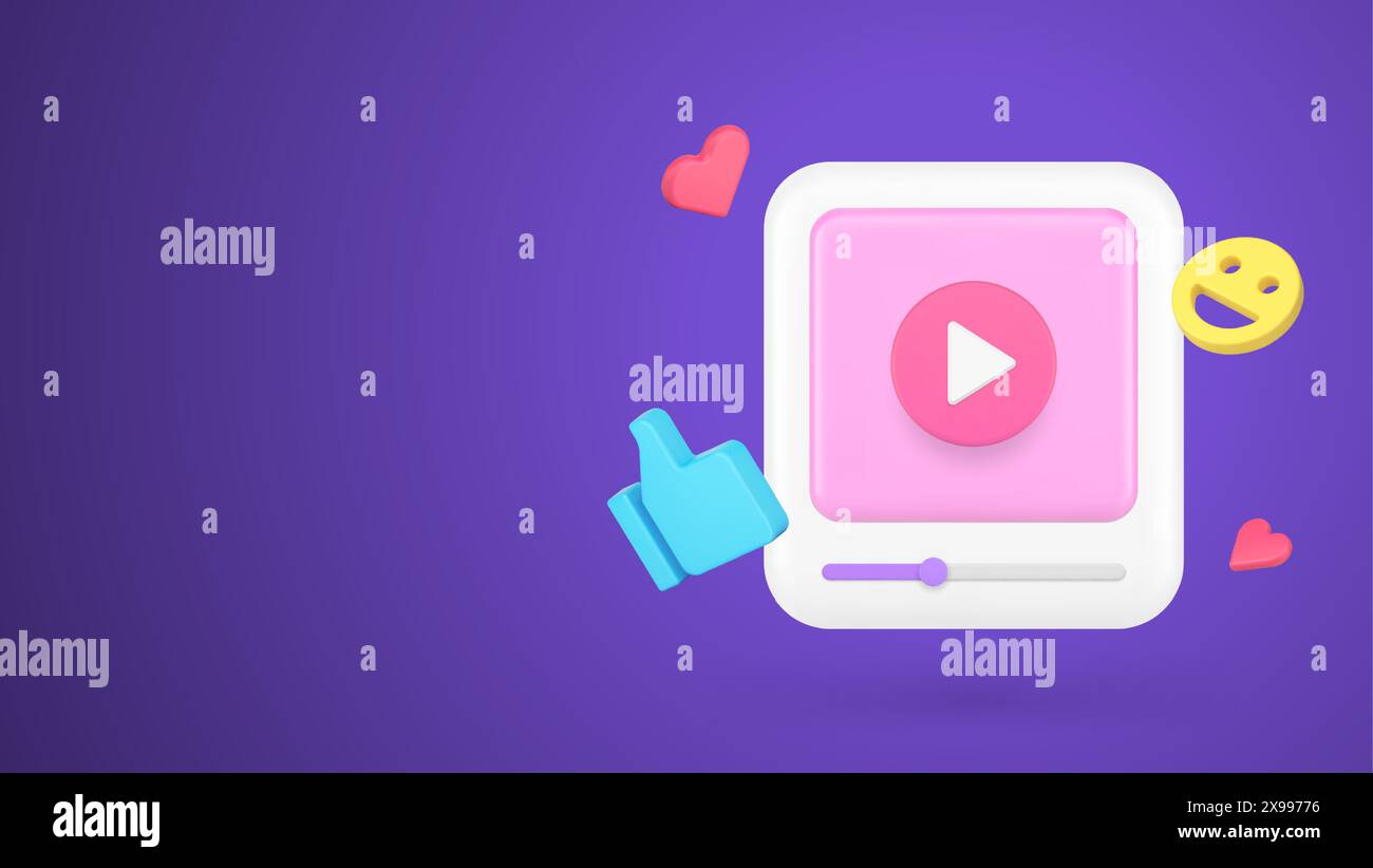 Lecteur vidéo contenu de divertissement de réseau de médias sociaux diffusion en direct icône 3d illustration vectorielle réaliste. Communication multimédia dans le cyberespace w Illustration de Vecteur