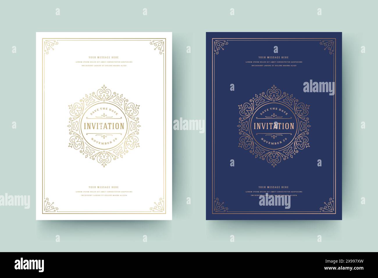 Invitation de mariage enregistrer le modèle de carte de date Golden Flourths ornements vignette tourbillons. Vintage victorien orné cadre et décorations de mariage ele Illustration de Vecteur