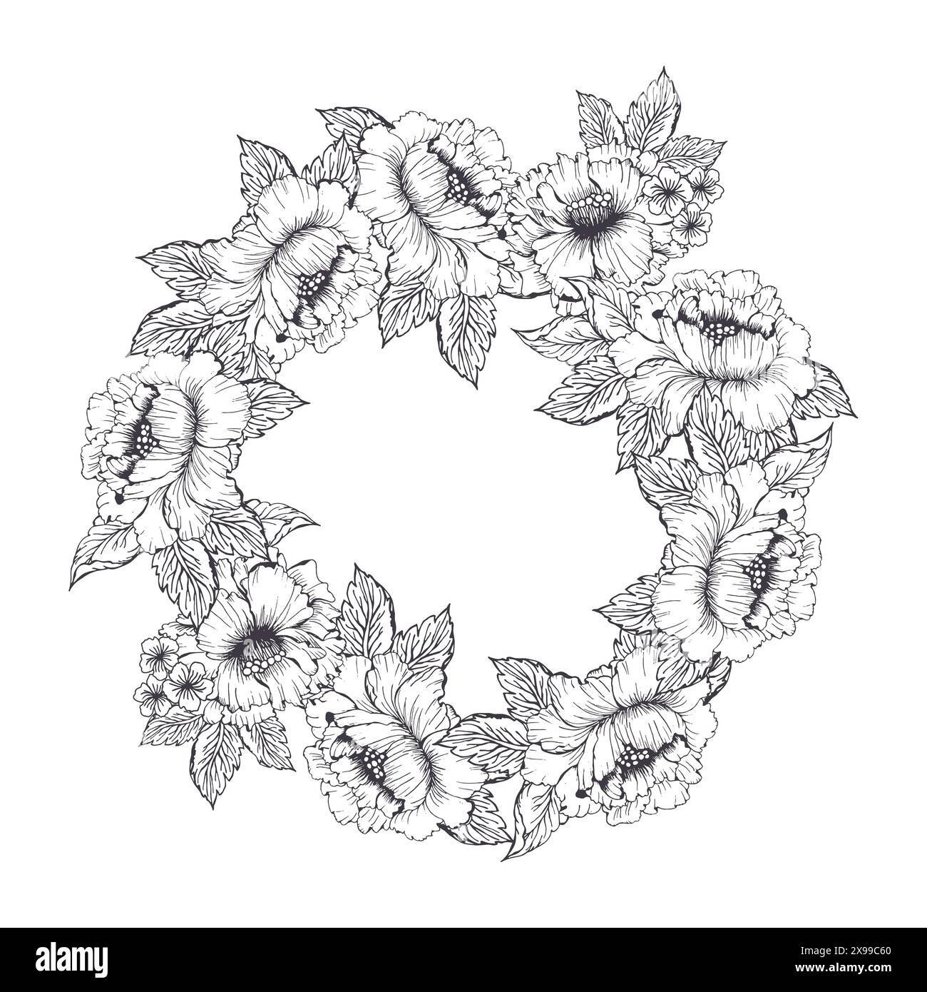Couronne de cercle floral printanier avec hortensia et fleur de pivoine. Line art petite fleur avec des feuilles pour carte ou inviter, coloriage Illustration de Vecteur