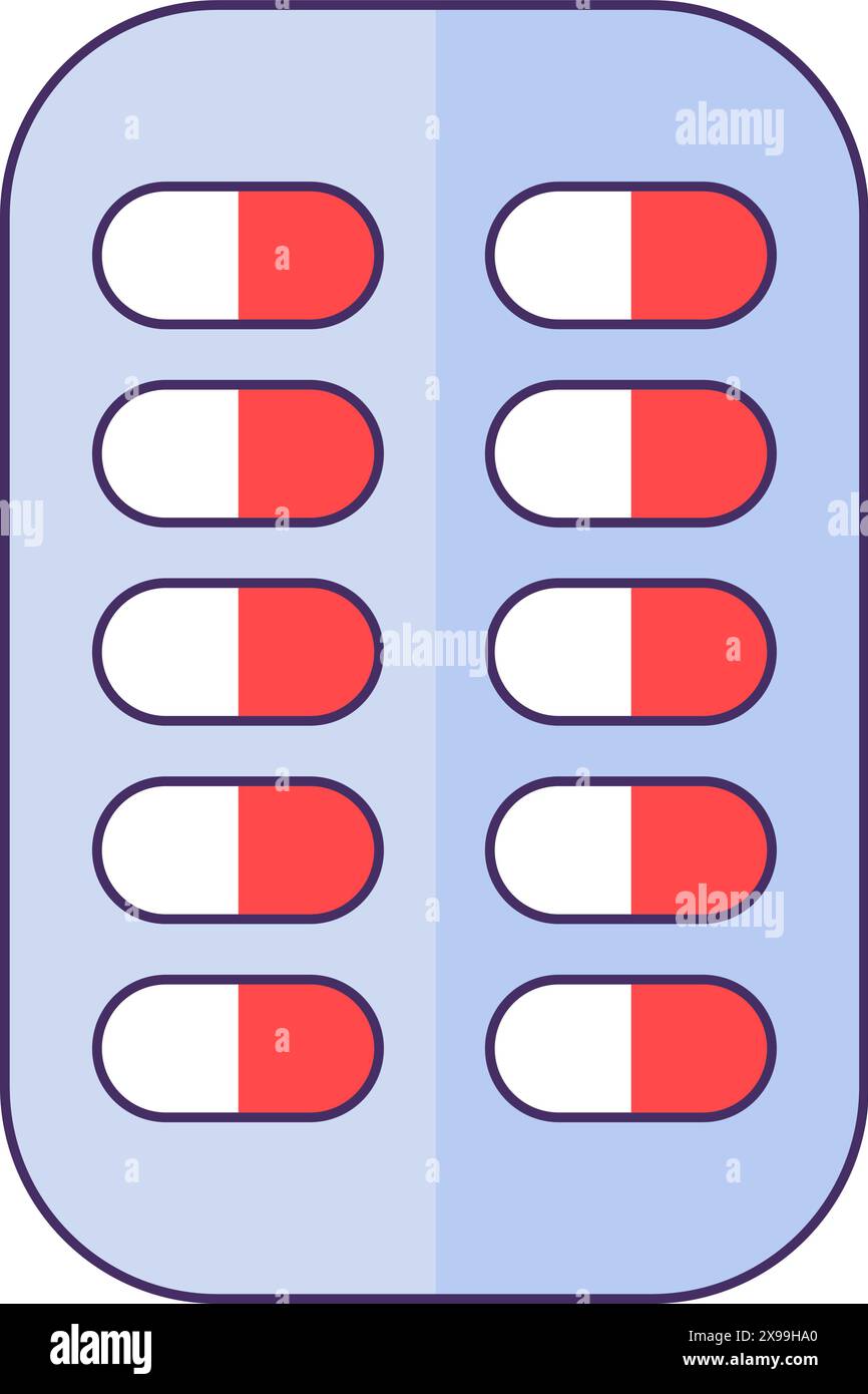 Emballage blister avec icône pilules. Plaque rectangulaire avec capsules de médicaments, élément de dessin animé à stroked médical pour un design moderne et rétro. Couleur simple Vect Illustration de Vecteur