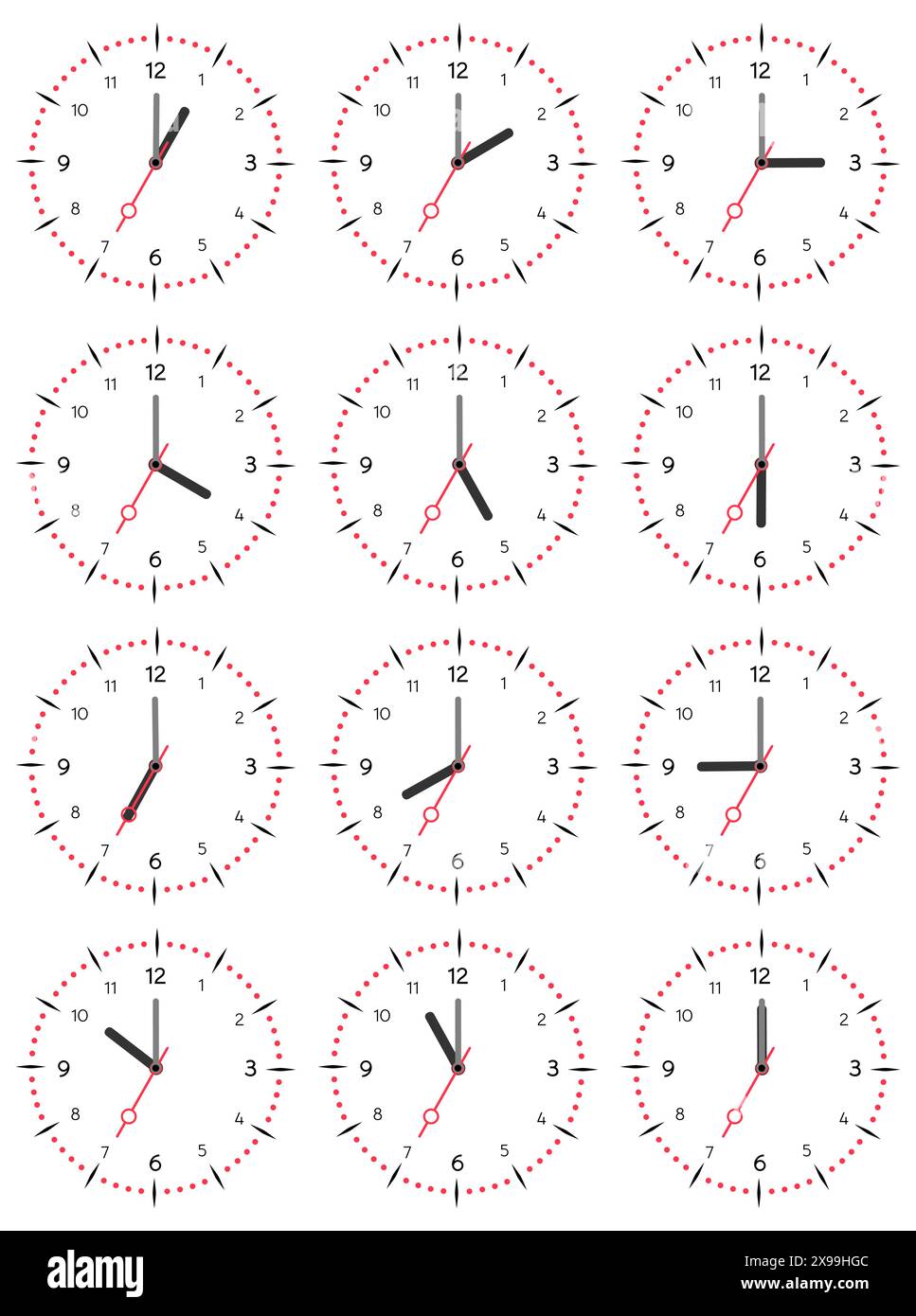 Un ensemble d'horloges mécaniques avec une image de chacune des douze heures. Cadran d'horloge sur fond blanc. Illustration de Vecteur