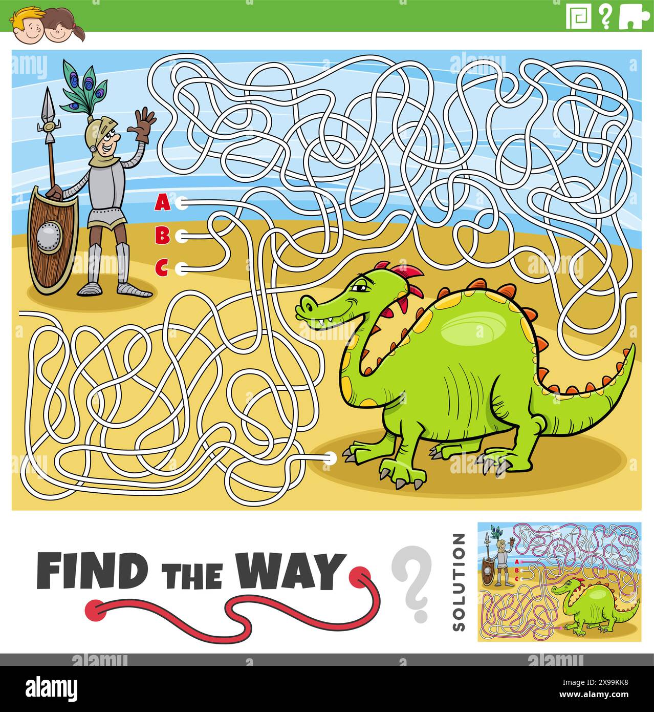 Illustration de dessin animé de trouver le jeu d'activité de puzzle labyrinthe de chemin avec des personnages de fantaisie de chevalier et de dragon Illustration de Vecteur