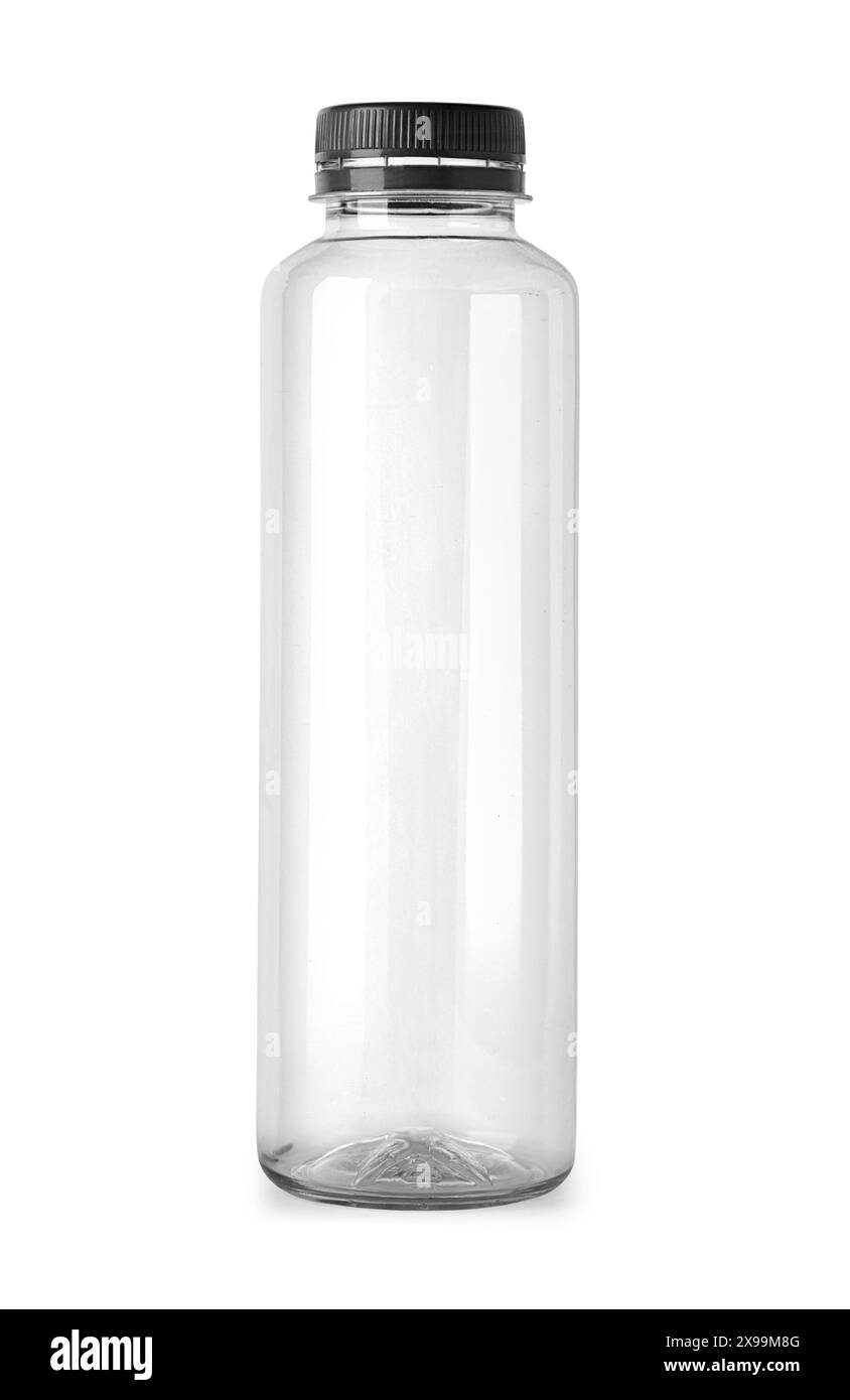 Bouteille en plastique vide avec couvercle noir isolé sur blanc avec chemin de découpage Banque D'Images Bouteille en plastique vide avec couvercle noir isolé sur blanc avec chemin de découpage Banque D'Images