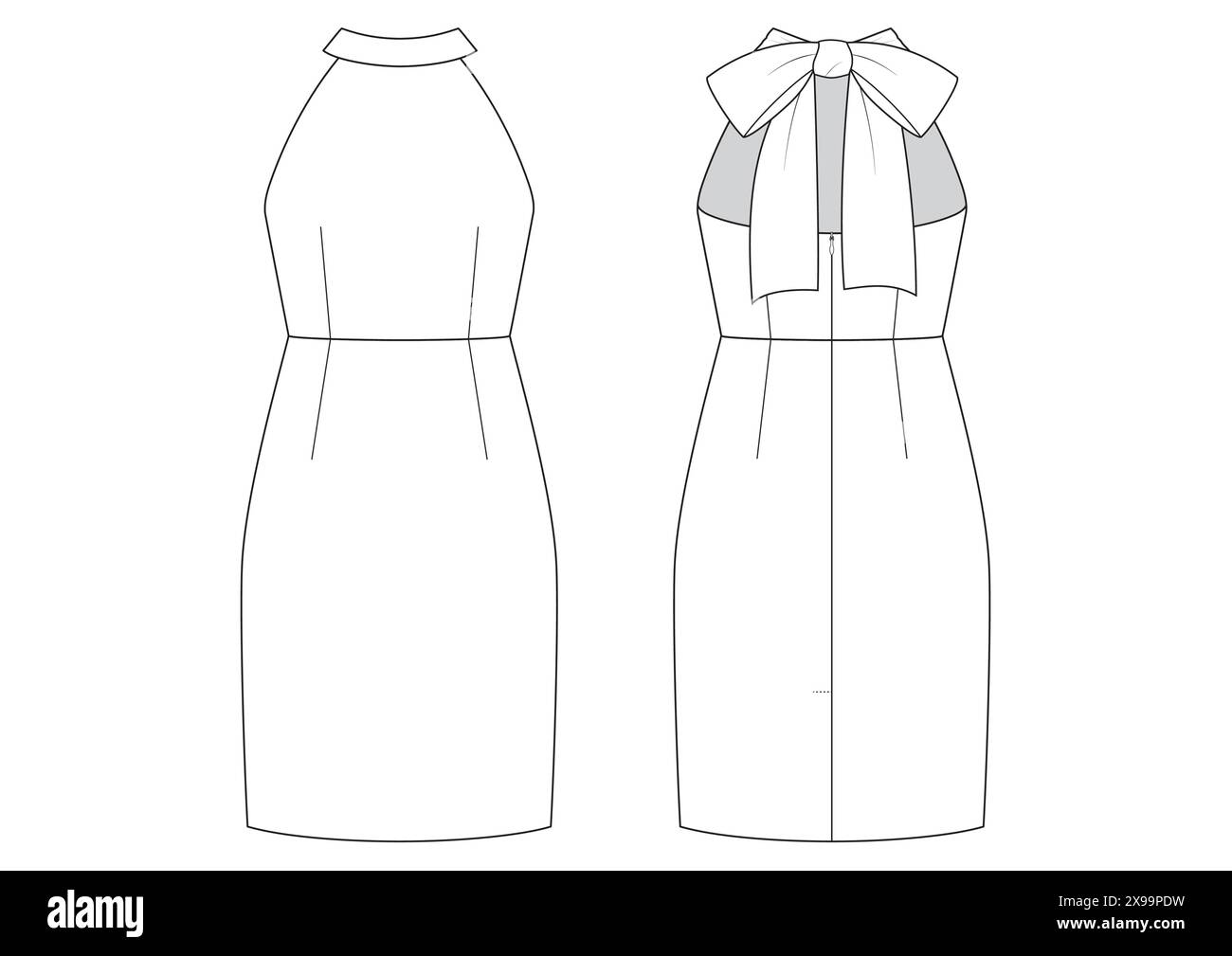 Dessin technique de mode vectoriel d'une robe à col ras de cou avec fermeture à noeud sur la zone du cou arrière. Vue avant et arrière. Au-dessus du genou. Fermeture éclair cachée Illustration de Vecteur