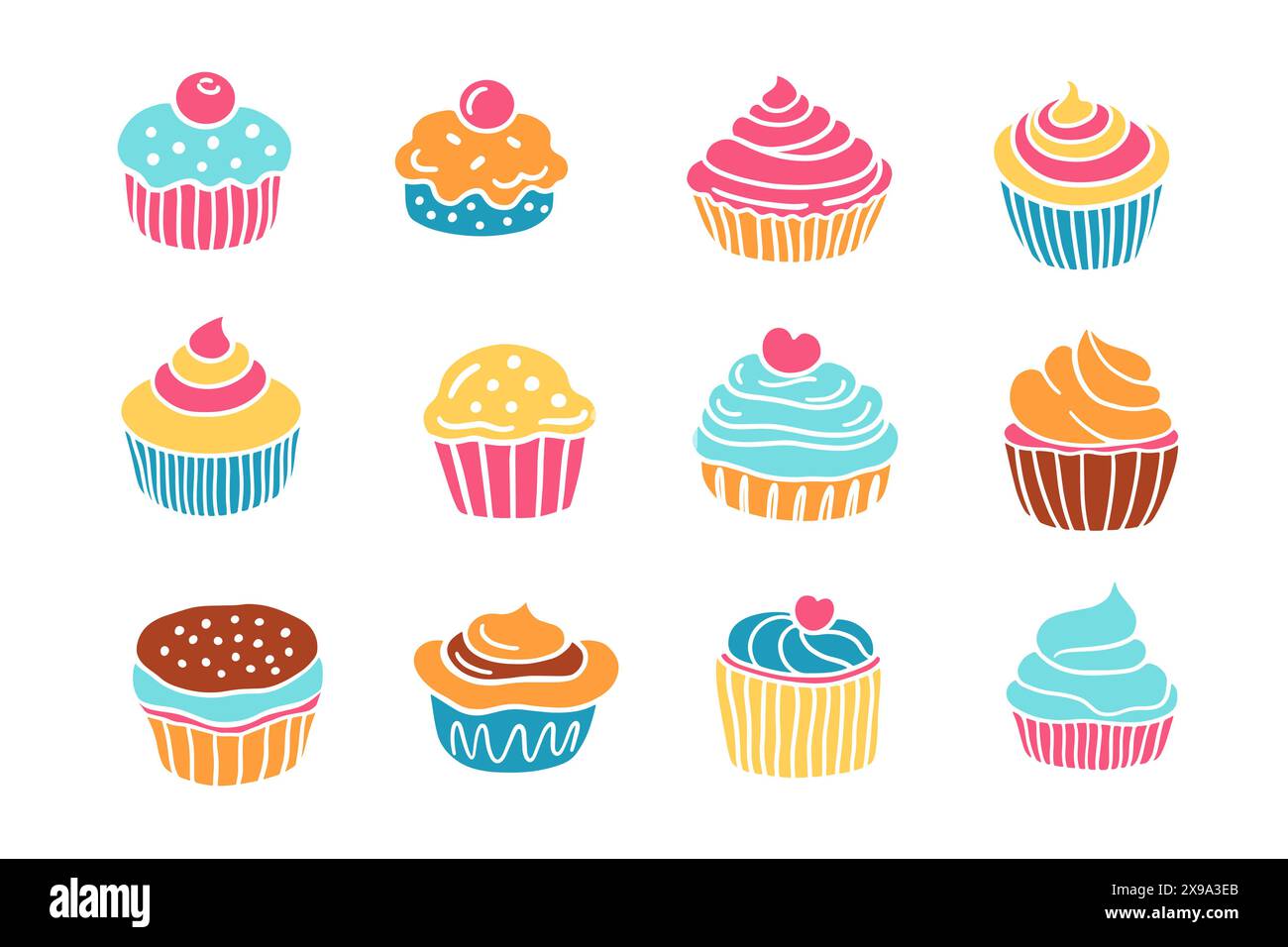 Sweet Bakery différents Cupcakes muffins Set Doodle Illustration de Vecteur