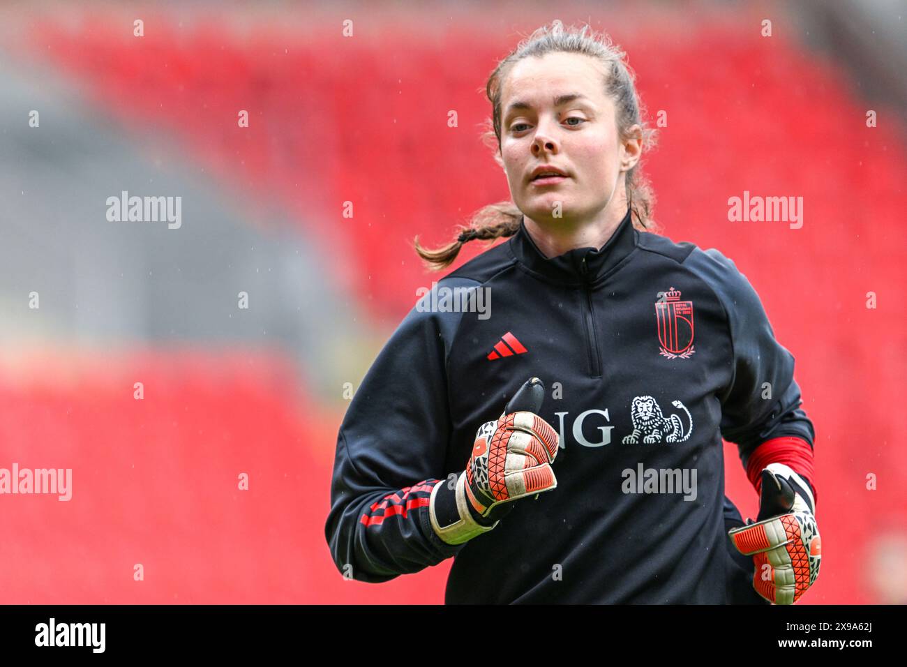 Prague, République tchèque. 30 mai 2024. Diede Lemey (12 ans), belge, lors d'une séance d'entraînement de la journée -1 avant le match de football opposant les équipes nationales féminines de la République tchèque et de la Belgique, a appelé les Red Flames lors de la troisième journée du Groupe A2 dans la phase de la ligue des qualifications européennes féminines de l'UEFA 2023-24, le jeudi 30 mai 2024 à Prague, République tchèque . Crédit : Sportpix/Alamy Live News Banque D'Images