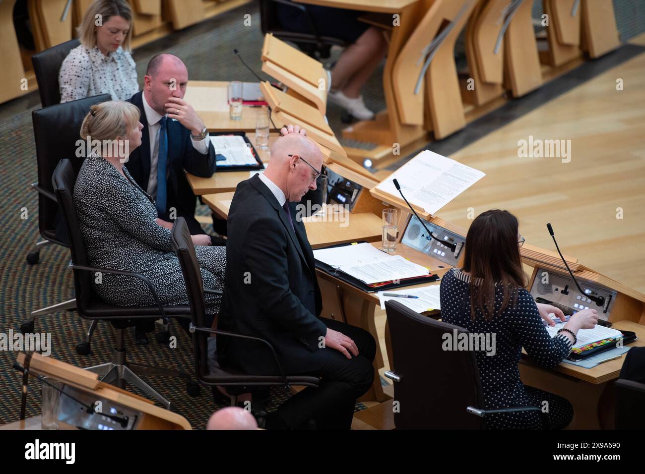 Édimbourg, Royaume-Uni. 30 mai 2024. PHOTO : scènes à l'intérieur du Parlement écossais à Holyrood lors de la session hebdomadaire des questions des premiers ministres le jour suivant lequel le Parlement a voté des sanctions contre Michael Matheson MSP sur une facture de téléphone iPad de près de 11 000 £. Crédit : Colin d Fisher crédit : Colin Fisher/Alamy Live News Banque D'Images