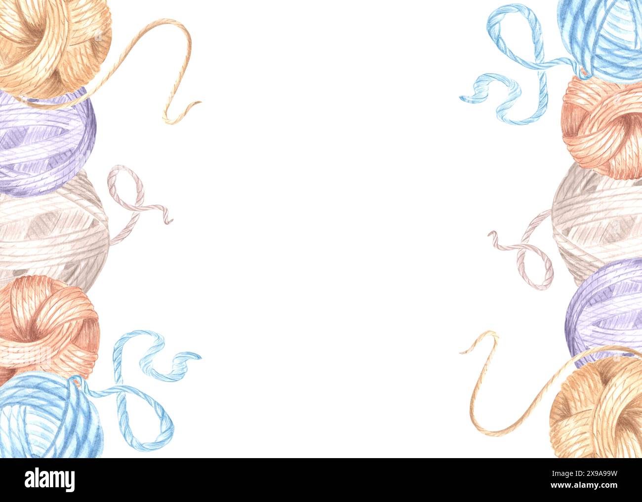 Boules de fil enchevêtrées de laine ou de coton. Modèle horizontal de carte postale pour tricot de passe-temps. Illustration aquarelle dessinée à la main cadre avec espace de copie pour kn Banque D'Images