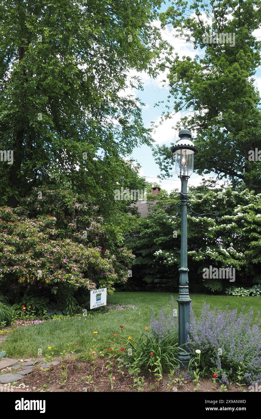 Le lampadaire est sur le sentier dans la forêt. Banque D'Images