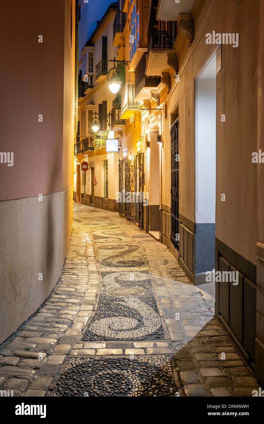 Pittoresque rue pavée dans la vieille ville, Malaga, Andalousie, Espagne Banque D'Images