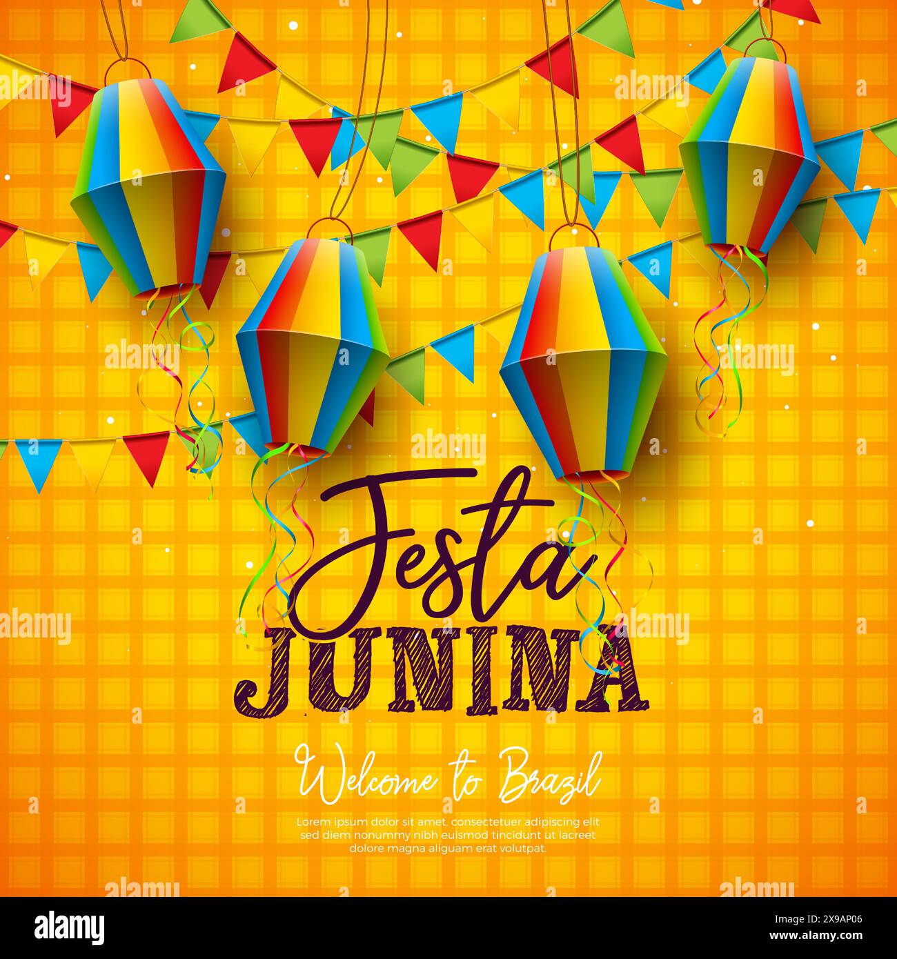 Illustration Festa Junina avec lanterne en papier coloré et lettre de typographie sur fond à carreaux jaune. Vector Festa de Sao Joao Brésil juin Illustration de Vecteur