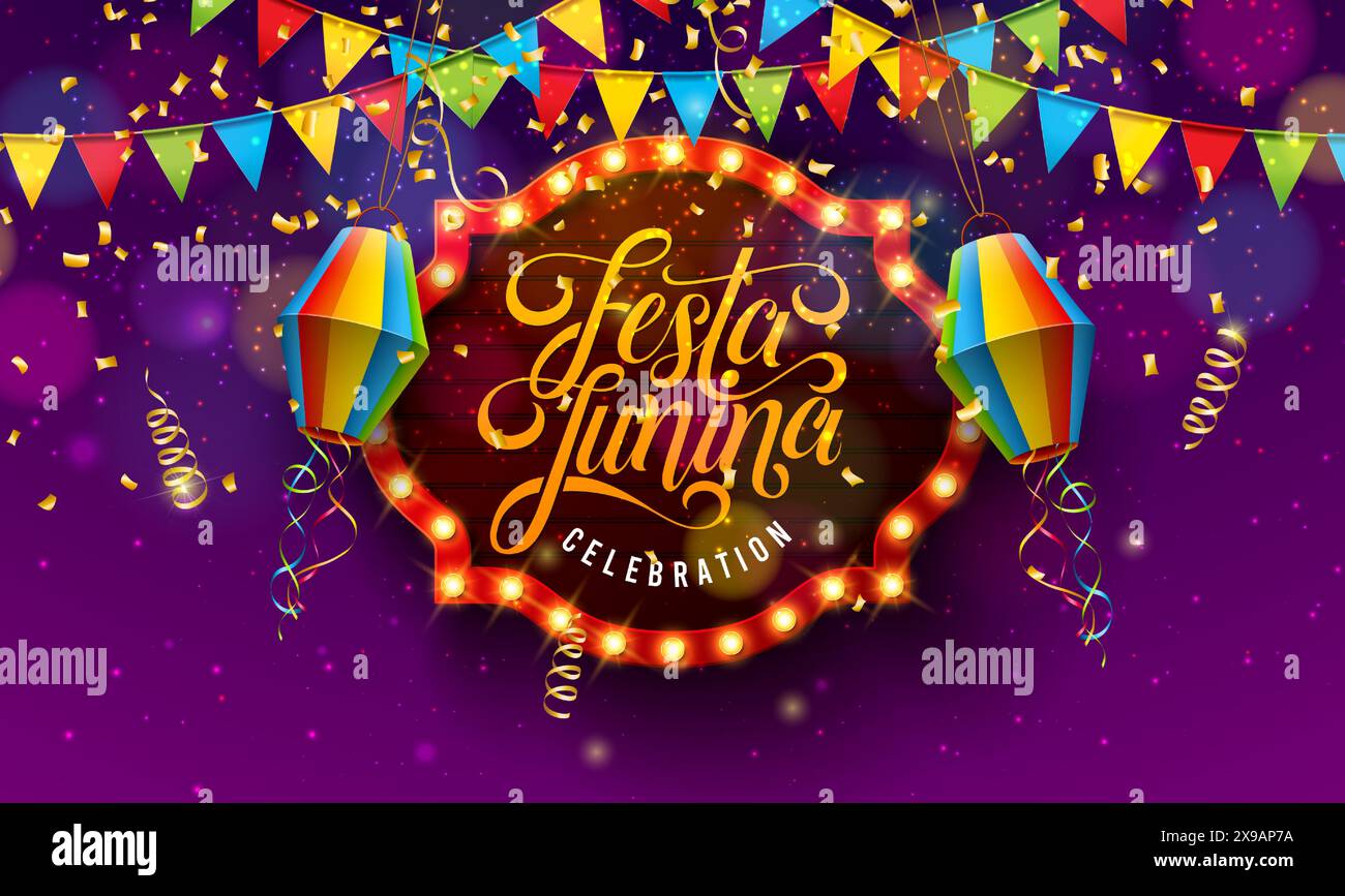 Illustration de Festa Junina avec guirlande d'ampoule, lanterne en papier coloré et lettre de typographie sur fond de nuit violette. Vecteur Festa de Sao Joao Illustration de Vecteur