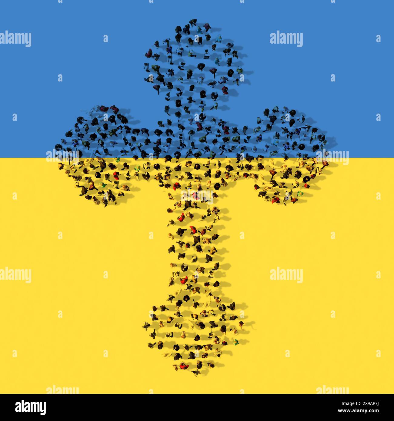 Concept ou communauté conceptuelle de personnes formant l'image de la croix chrétienne religieuse sur le drapeau ukrainien. 3D métaphore de l'illustration pour Dieu, Christ Banque D'Images