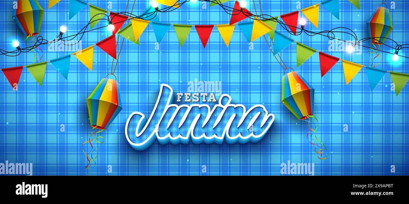 Illustration de Festa Junina avec drapeau de fête, lanterne en papier coloré et lettre de typographie 3d sur fond à carreaux bleu. Vecteur Festa de Sao Joao Illustration de Vecteur