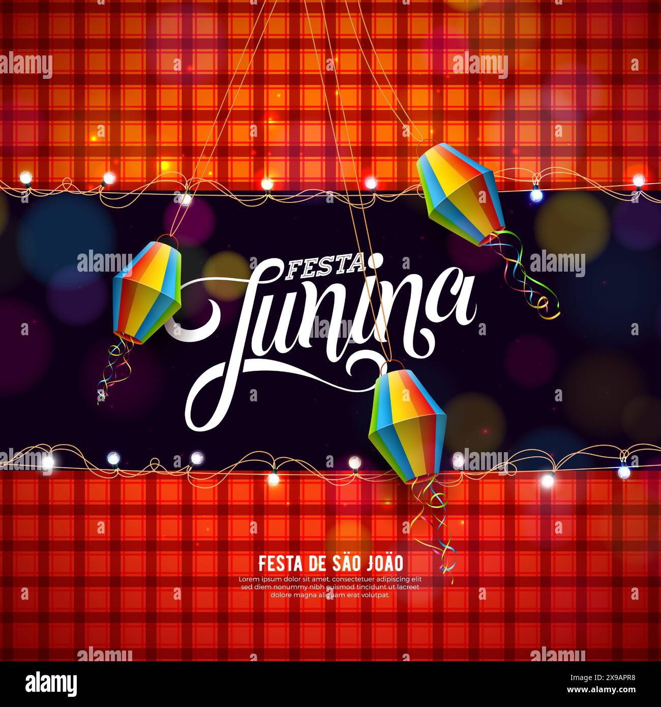 Illustration Festa Junina avec guirlande d'ampoule, lanterne en papier coloré et lettre de typographie sur fond à carreaux rouge. Vecteur Festa de Sao Joao Illustration de Vecteur