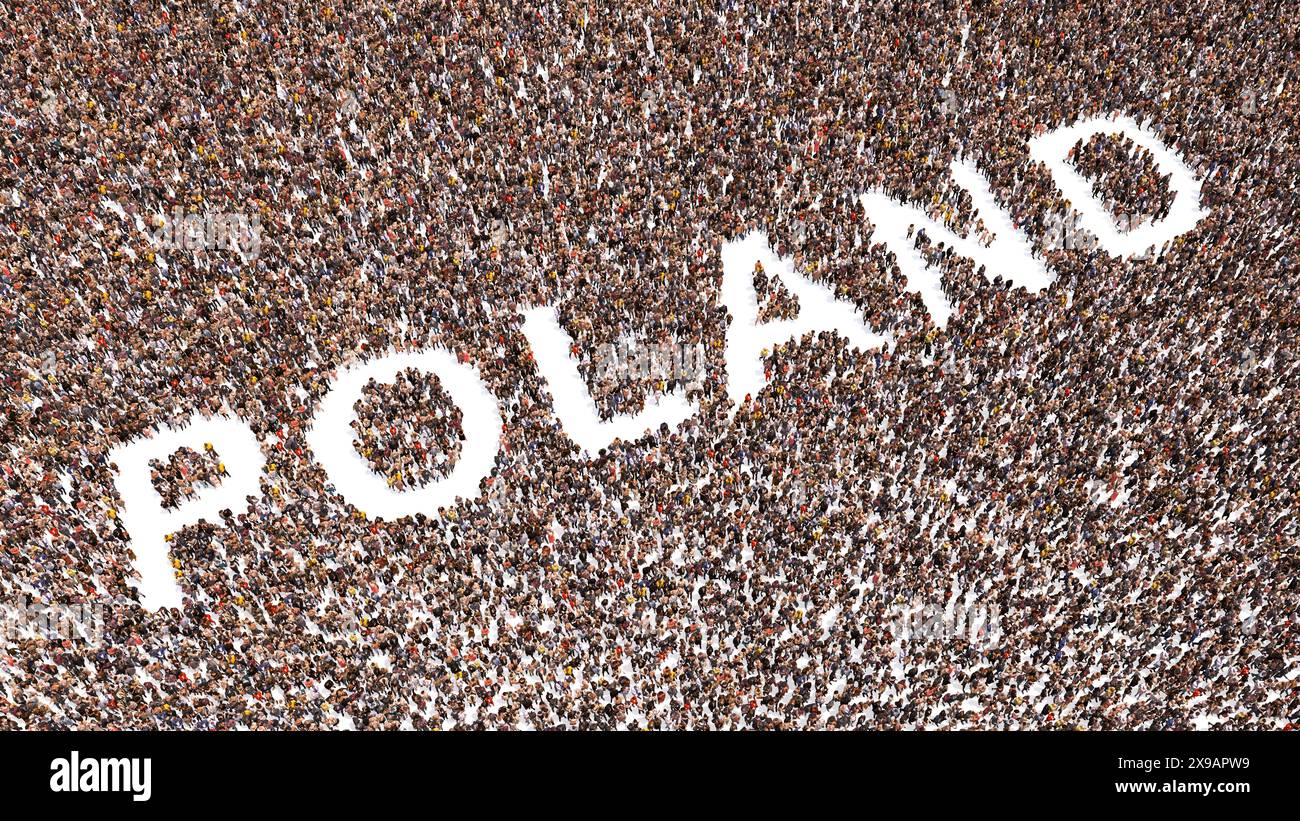 Concept conceptuel Grande communauté de personnes formant le mot POLOGNE. illustration 3d métaphore pour la culture, l'histoire et l'éducation, la politique, l'économie Banque D'Images