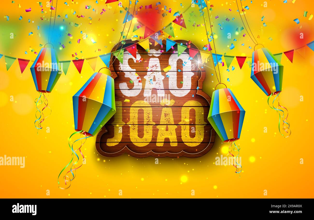 Festa Junina Illustration avec drapeaux de fête et lanterne en papier sur fond jaune. Vector Brésil juin Sao Joao Festival Design avec Typographie lettre Illustration de Vecteur