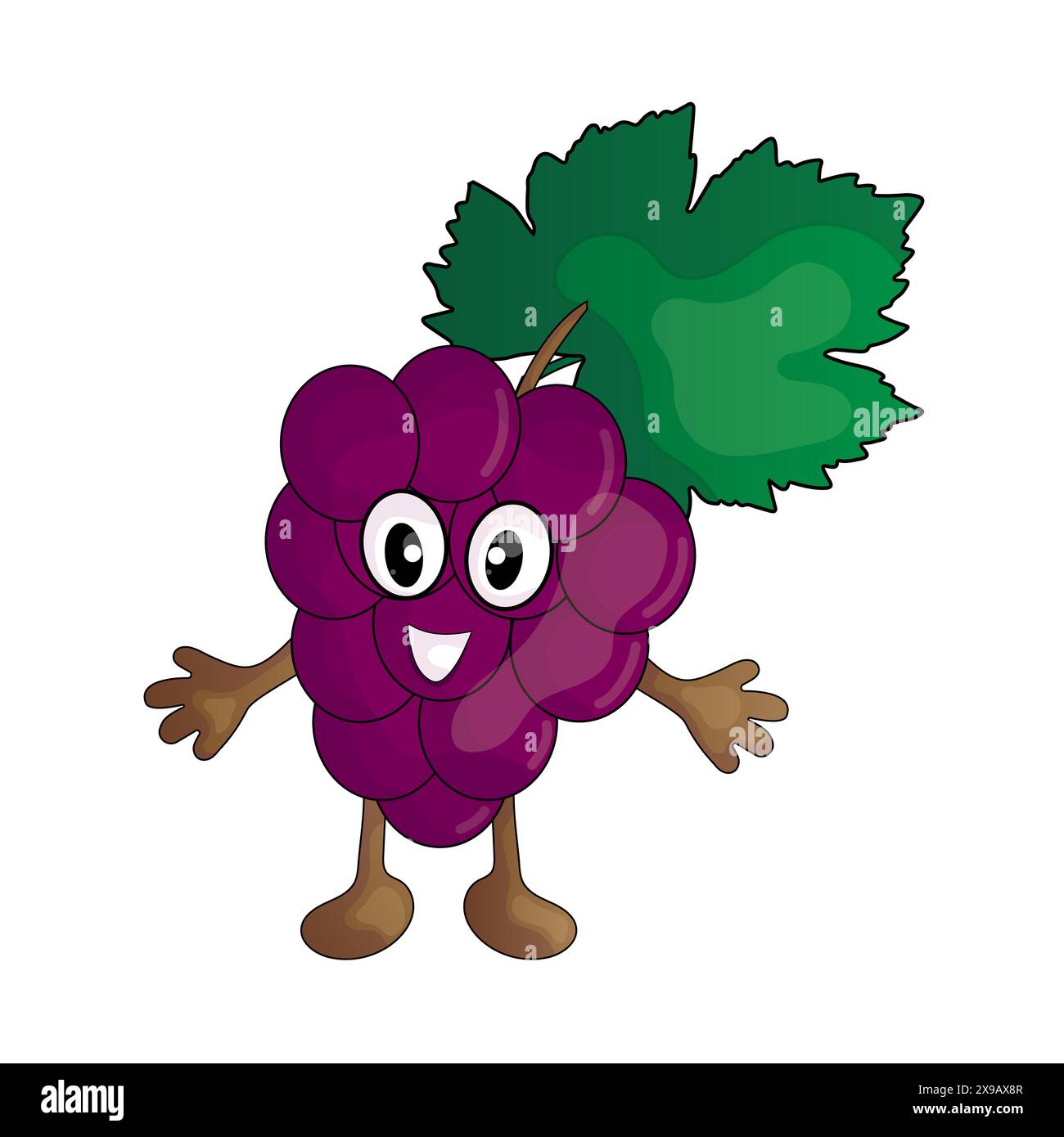 Mignon dessin animé souriant raisin. Fruit sur fond blanc. Illustration vectorielle pour enfants. Illustration de Vecteur