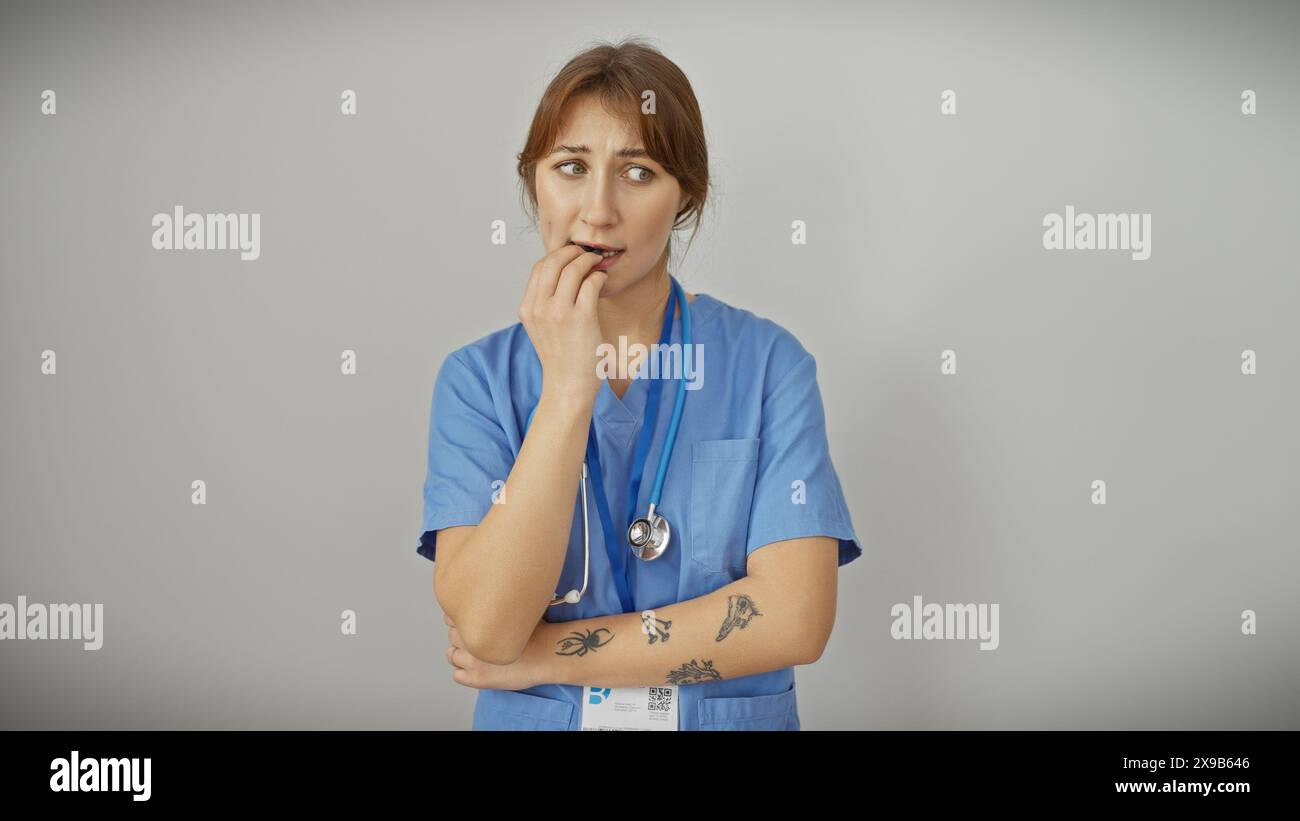 Une jeune femme contemplative dans des gommages médicaux bleus avec des tatouages et un stéthoscope se tient sur un fond blanc. Banque D'Images