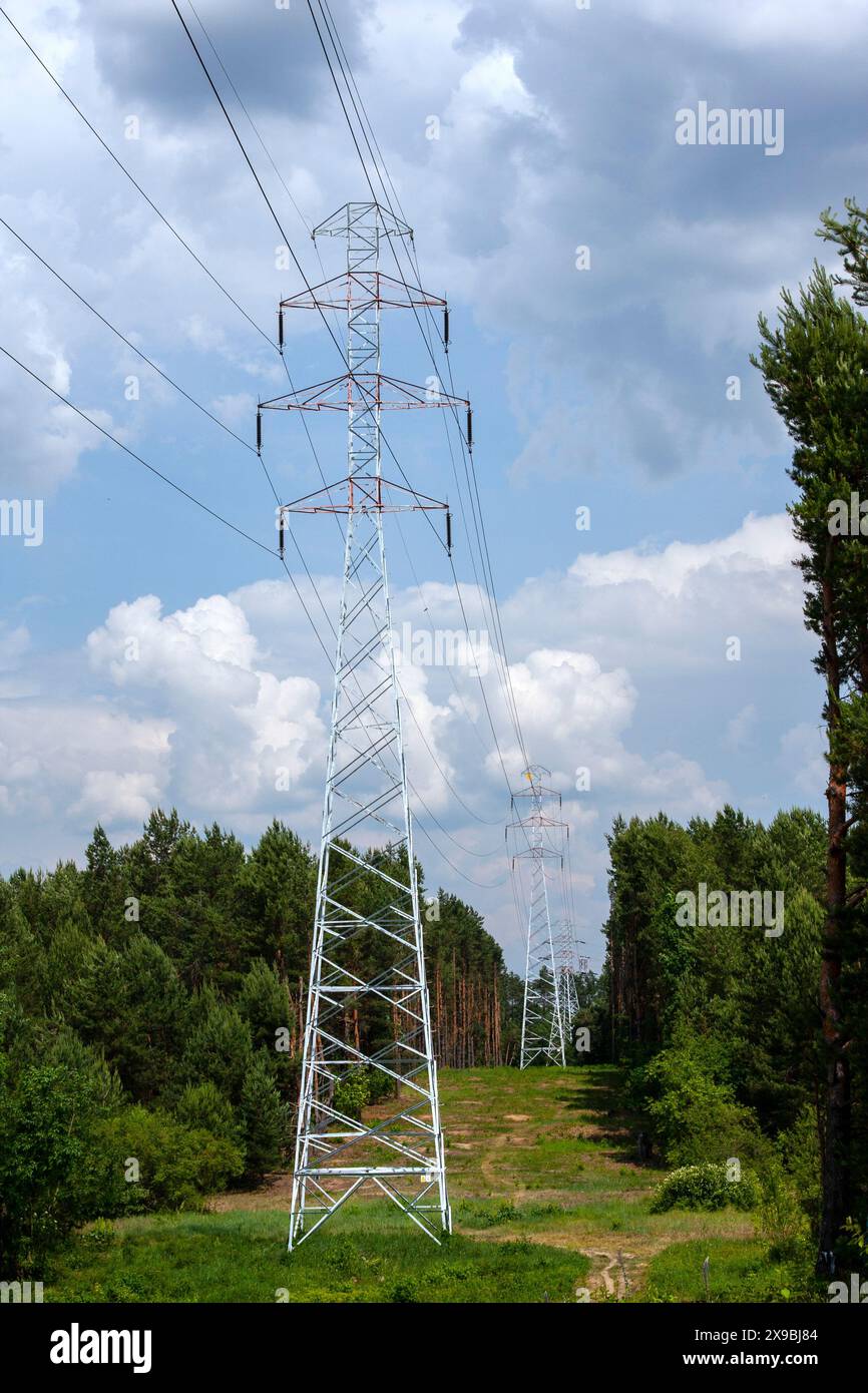 Ligne haute tension alimentant la ville, détruisant l'environnement pour des raisons technologiques Banque D'Images