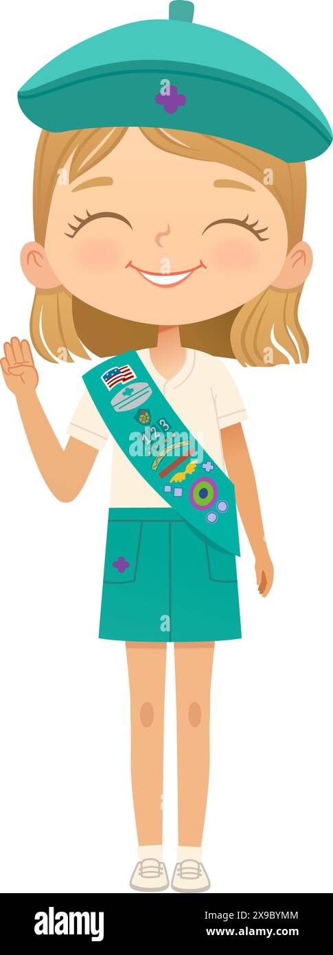 Jeune éclaireur de fille blonde souriante portant une ceinture avec des badges isolé sur fond blanc. Scouter féminin, Junior ligue Scout Girls Troop Illustration de Vecteur