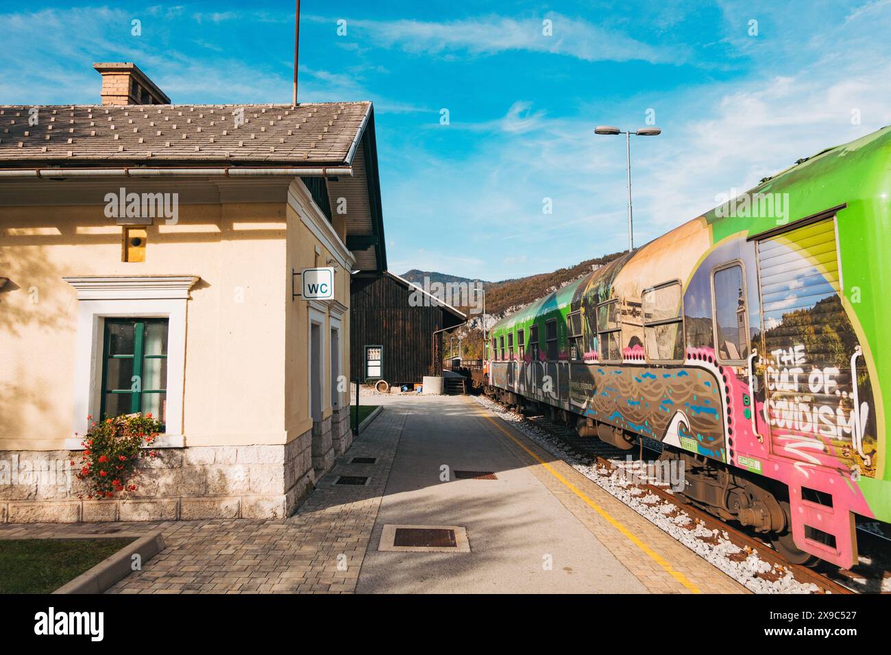 Un wagon couvert de graffiti à la gare de Bohinjska Bistrica, Slovénie Banque D'Images