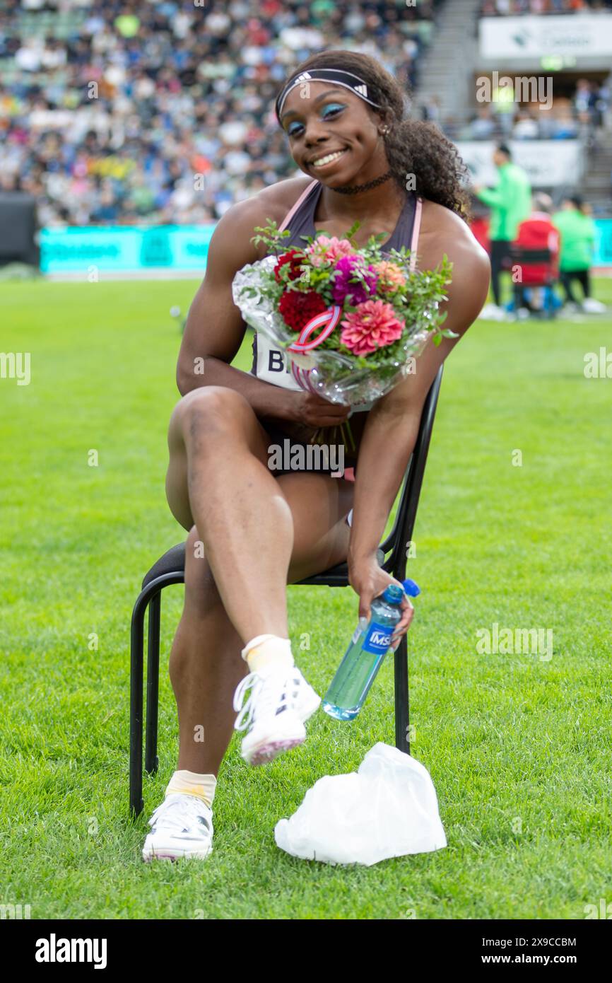 Oslo, Norvège 30 mai 2024 Brittany Brown des États-Unis gagnante de l'épreuve féminine du 200 m à la Wanda Diamond League tenue aux Jeux Bislett d'Oslo, Norvège crédit : Nigel Waldron/Alamy Live News Banque D'Images