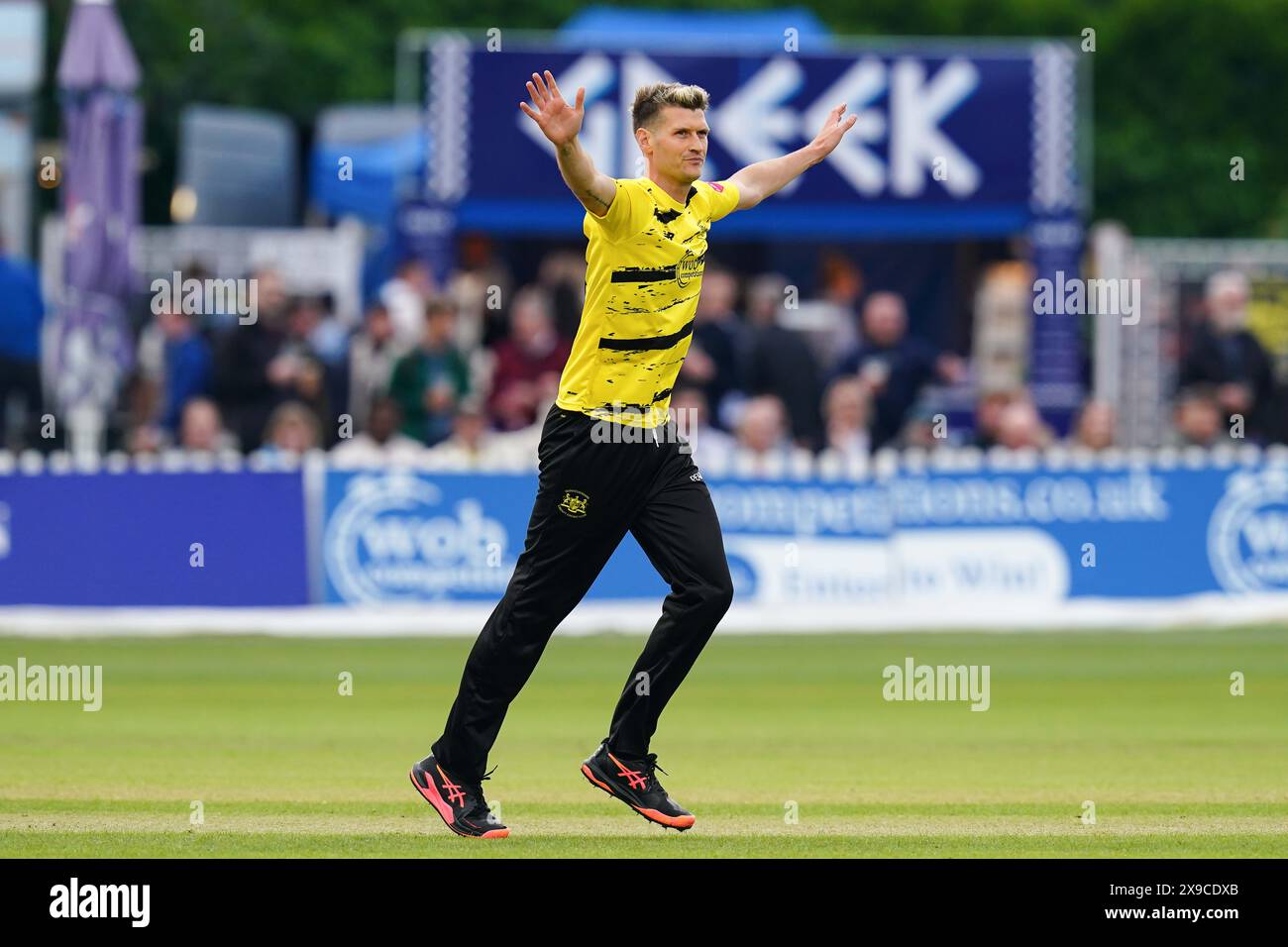 Bristol, Royaume-Uni, 30 mai 2024. David Payne du Gloucestershire célèbre avoir pris le guichet d'Adam Rossington de l'Essex lors du T20 Vitality Blast match entre le Gloucestershire et l'Essex. Crédit : Robbie Stephenson/Gloucestershire Cricket/Alamy Live News Banque D'Images