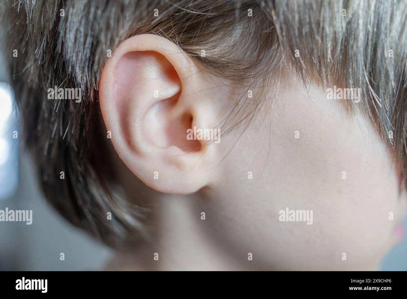 Gros plan sur l'oreille de l'enfant, présentant la structure complexe de l'organe auditif humain, l'anatomie de l'oreille, la perception auditive, la sensibilité sonore Banque D'Images